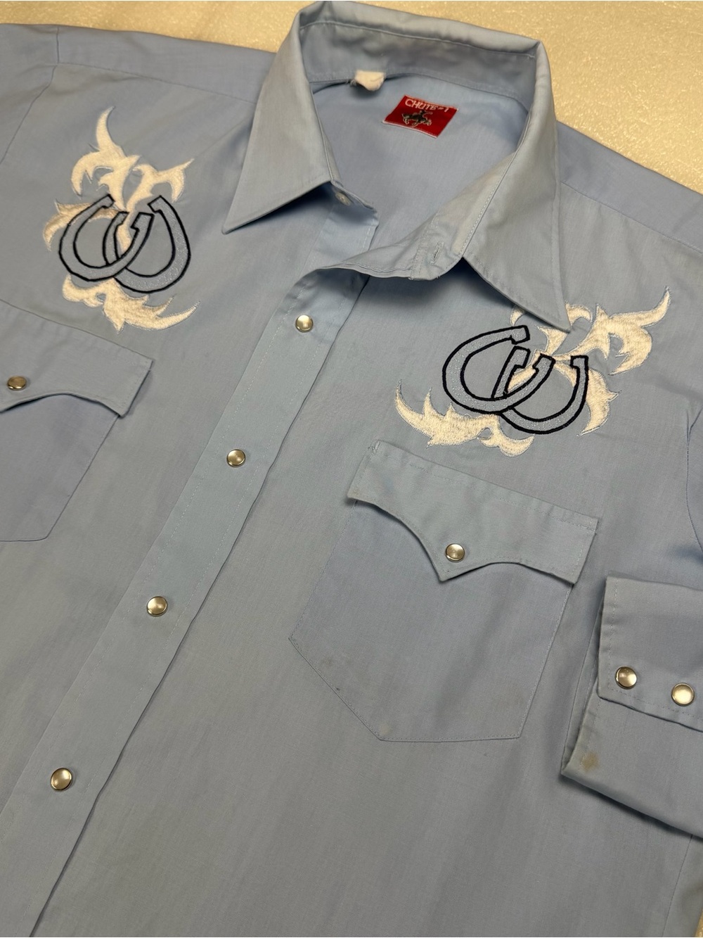 Vintage Chute Men’s Fits Large Western Blue Snap LS Shirt Horseshoes Flaws